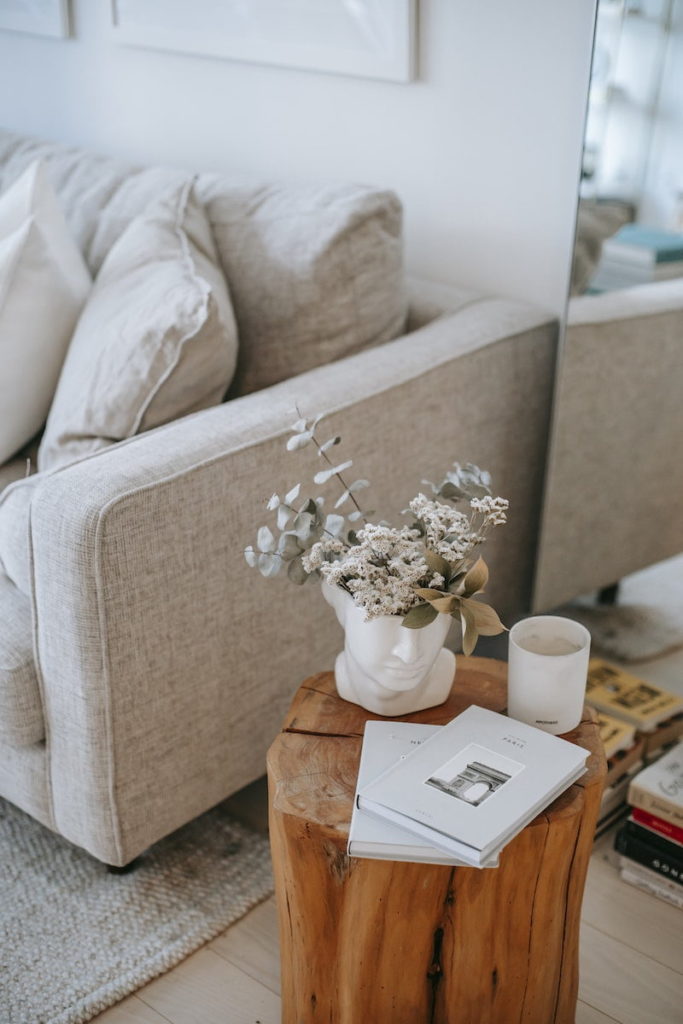 Cozy sofa with decorative cushions near stump with books and blooming flowers in vase in house room